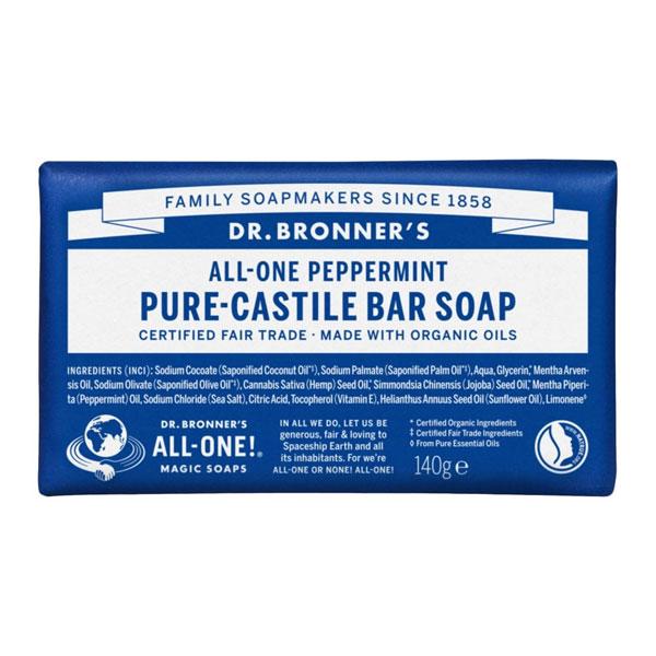 Dr Bronners Peppermint Pure Castile Soap Bar (140g)