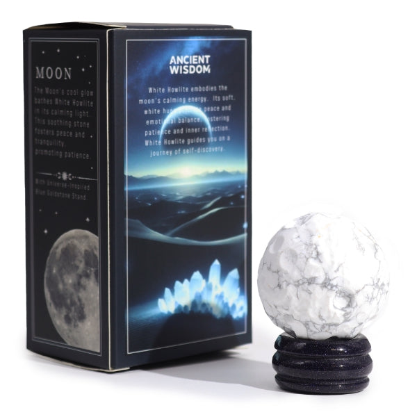 White Howlite Planet on Goldstone Stand - Moon